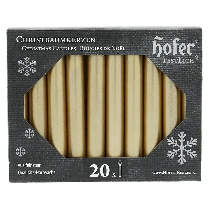 Hofer Christbaumkerze - 1,4 x 9,5 cm, Gold, 20 Stk. - Packung mit 20 Christbaumkerzen aus feinstem Qualitäts-Hartwachs der Marke Hofer, ideal für eine festliche Weihnachtsdekoration.
