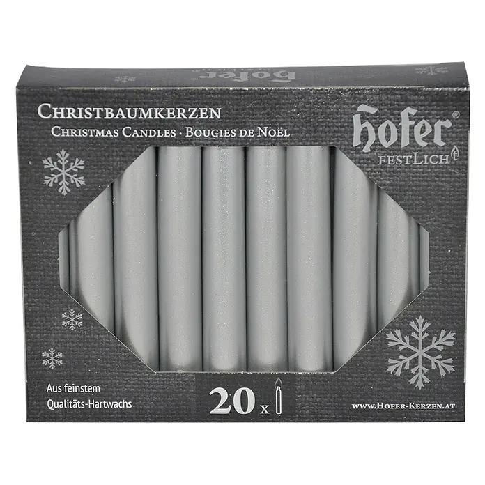 Hofer Christbaumkerze - 1,4 x 9,5 cm, Silber, 20 Stk. - Abbildung einer Packung Christbaumkerzen der Marke Hofer, silberfarben und aus hochwertigem Wachs gefertigt.
