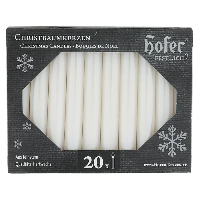 Hofer Christbaumkerze - 1,4 x 9,5 cm, Metallic Perlmutt, 20 Stk. - Packung mit 20 weißen Christbaumkerzen von Hofer, ideal für eine festliche Weihnachtsdekoration.