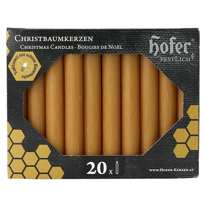 Hofer Christbaumkerze Bienenwachs - Goldgelb, 20 Stk. - Schachtel Christbaumkerzen der Marke Hofer Festlich, 20 Stück aus echtem Bienenwachs für eine stimmungsvolle Weihnachtszeit.