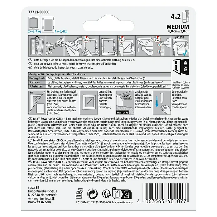 Tesa Selbstklebestrip POWERSTRIPS CLICK 4X2 M - 4 Stk., B x L: 20 x 80 mm - Tesa Powerstrips CLICK 4x2 Medium: Intelligente, spurlos ablösbare Klebestreifen zur einfachen und sicheren Wandbefestigung von Objekten bis 1 kg.