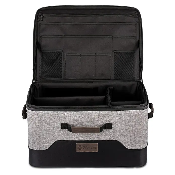Petromax Transportbox Catago - L x B x H: 50 x 38 x 28 cm, Textil - Offene graue Kameratasche mit mehreren Fächern und einem Tragegriff. Ideal für den Transport von Fotoausrüstung.