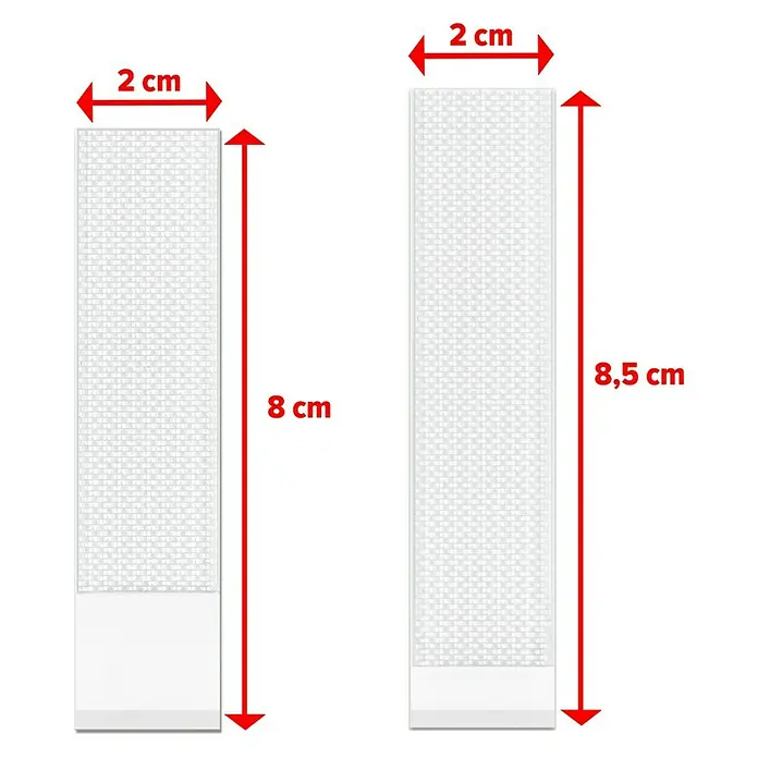 Tesa Selbstklebestrip CLICK COMBO 6X2 M & 8X2 L - 14 Stk., B x L: 20 x 85 mm - Abbildung von zwei weißen Textilbändern mit den Maßen 2 cm x 8 cm und 2 cm x 8,5 cm.