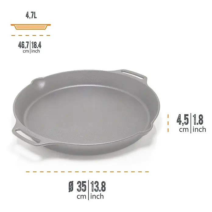 Petromax Grillpfanne - Durchmesser: 35,1 cm - 40 cm, Gusseisen - Bild einer gusseisernen Auflaufform mit Maßangaben, ideal zum Kochen und Backen.
