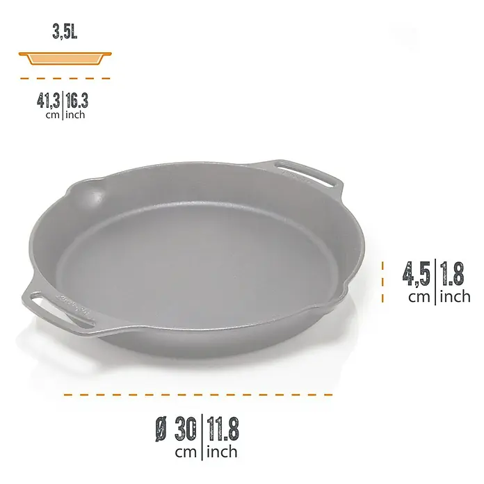 Petromax Grillpfanne - Durchmesser: 30,1 cm - 35 cm, Gusseisen - Abbildung einer runden gusseisernen Servierpfanne mit Maßangaben.