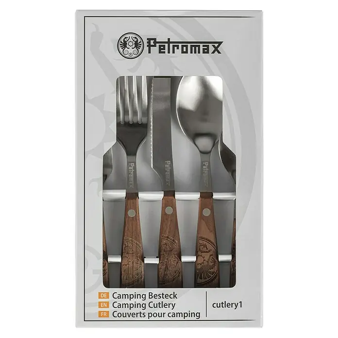 Petromax Grillbesteck - Edelstahl, 5 -tlg. - Camping-Besteckset von Petromax: Gabel, Messer und Löffel mit Holzgriffen und eingravierten Motiven, ideal für Outdoor-Abenteuer.