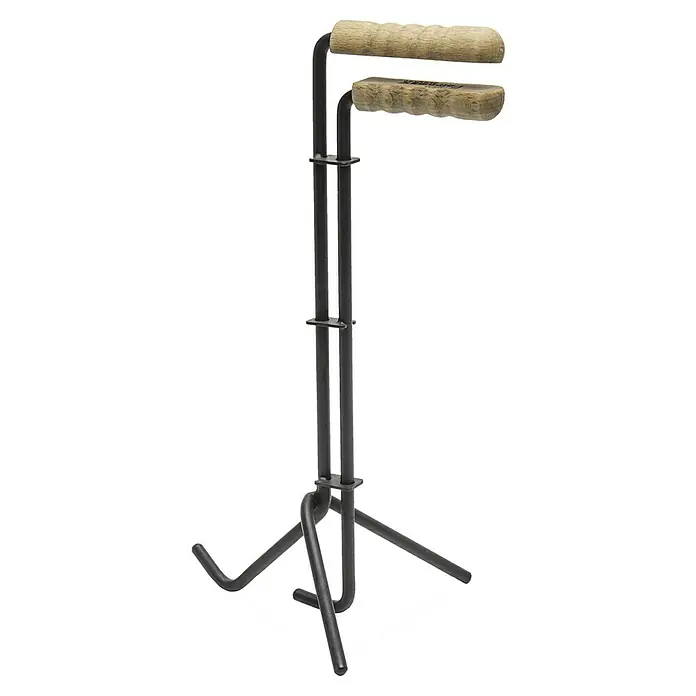 Petromax Deckelheber - Länge: 35 cm, Material: Stahl - Eine Gitarrenständer-Nahaufnahme, die einen robusten Gitarrenständer mit hölzernen Haltegriffen und solidem Metallgestell zeigt.