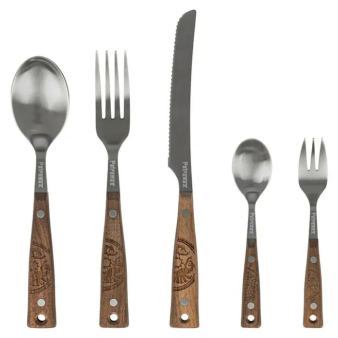 Petromax Grillbesteck - Edelstahl, 5 -tlg. - Petromax Essbesteck Set mit Holzgriff. Hochwertiges Outdoor-Besteck für Camping und Picknick mit robusten, langlebigen Materialien.