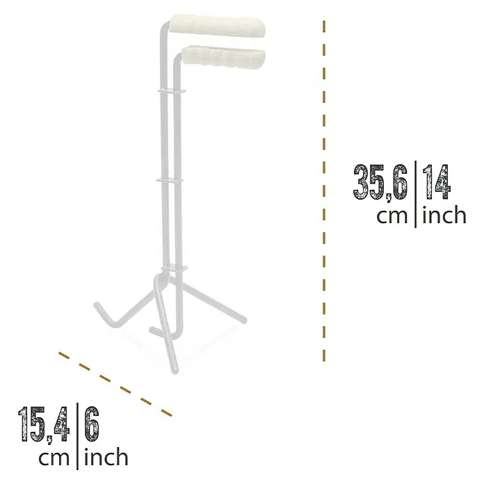 Petromax Deckelheber - Länge: 35 cm, Material: Stahl - Abbildung eines Gitarrenständers mit Maßen von 35,6 cm Höhe und 15,4 cm Breite.
