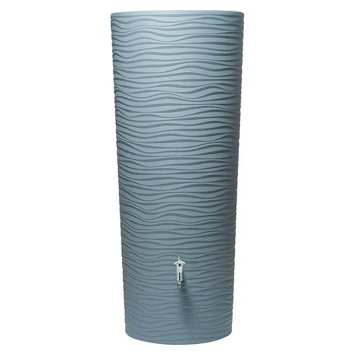 Garantia Modern Line Regenspeicher Natura 2 in 1 - 350 l, Ocean, 1 Stk. - Ein grauer Wasserbehälter mit einem Hahn und einem gewellten Muster. Ideal für die Gartenarbeit und die Regenwassernutzung.