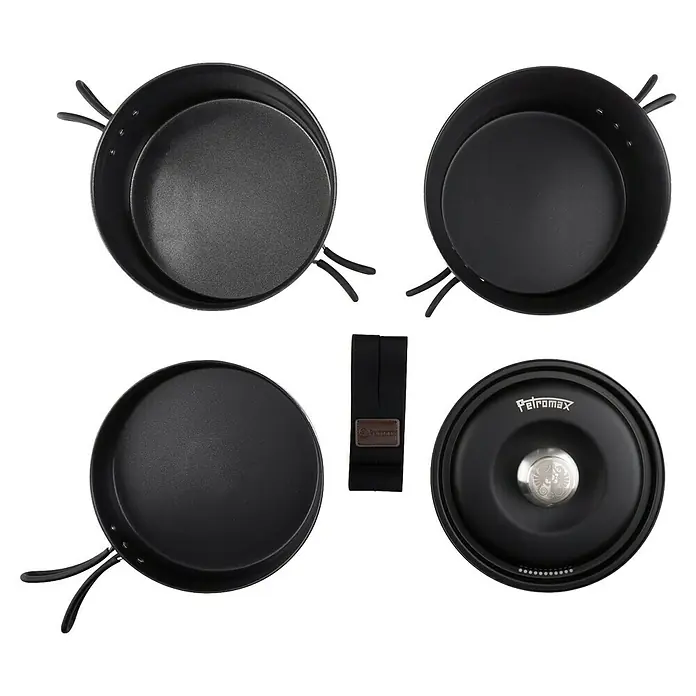 Petromax Kochgeschirr-Set Dimego - Edelstahl - Petromax Kochtopfset bestehend aus Töpfen und Pfannen mit abnehmbaren Griffen und Deckel, ideal für Outdoor-Abenteuer und Camping.