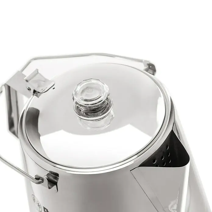 Petromax Perkolator Perkomax - Edelstahl, 1,5 l - Nahaufnahme einer glänzenden, silberfarbenen Kaffeekanne mit transparentem Knopf auf dem Deckel. Perfekt für den Outdoor-Einsatz.