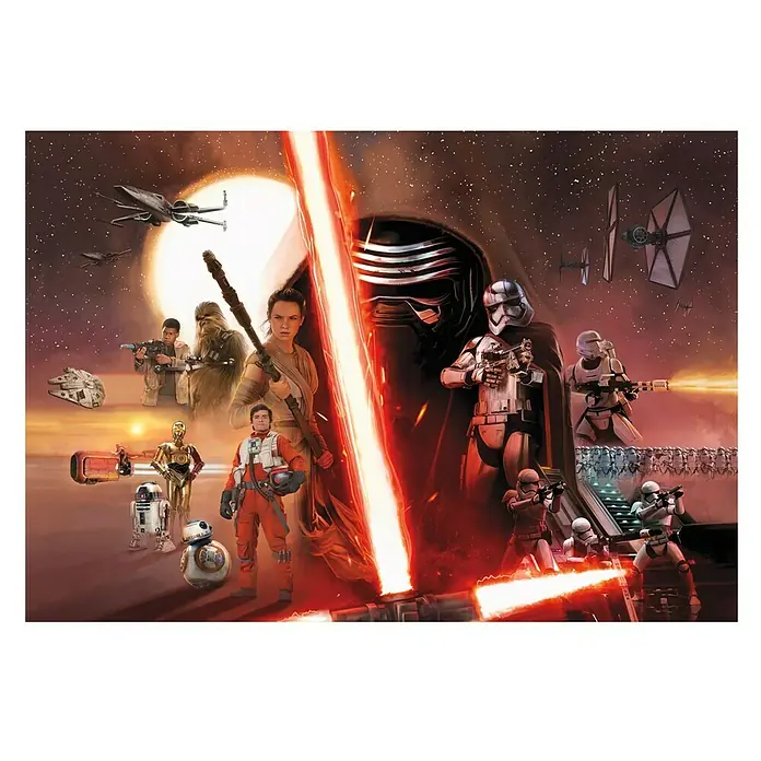 Komar Star Wars Fototapete EP7 Kollage - 8 -tlg., B x H: 368 x 254 cm, Papier - Dieses Bild zeigt eine Collage von Star Wars-Charakteren, Raumschiffen und ikonischen Szenen aus der Saga.