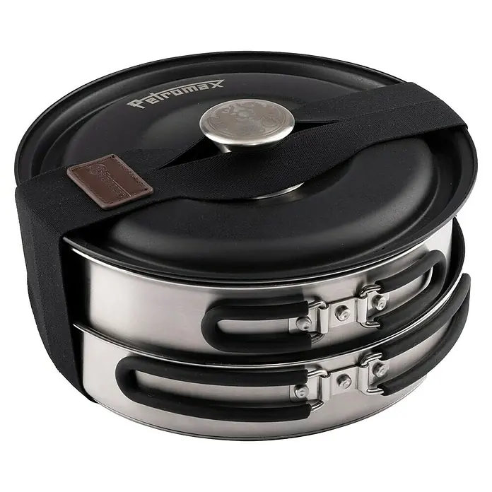 Petromax Kochgeschirr-Set Dimego - Edelstahl - Gestapeltes Petromax Kochtopf-Set mit Deckel und Gurtband. Ideal für Outdoor-Abenteuer und Campingküche.