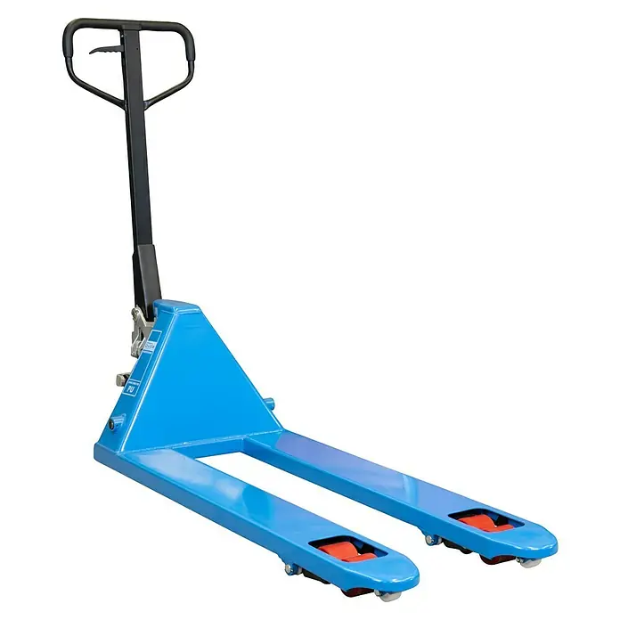 Güde Palettenhubwagen GHW2500-115 - Traglast: 2.500 kg, Stahl - Abbildung eines blauen Hubwagens, einem Werkzeug zum Heben und Bewegen von Paletten in Lagerhäusern.