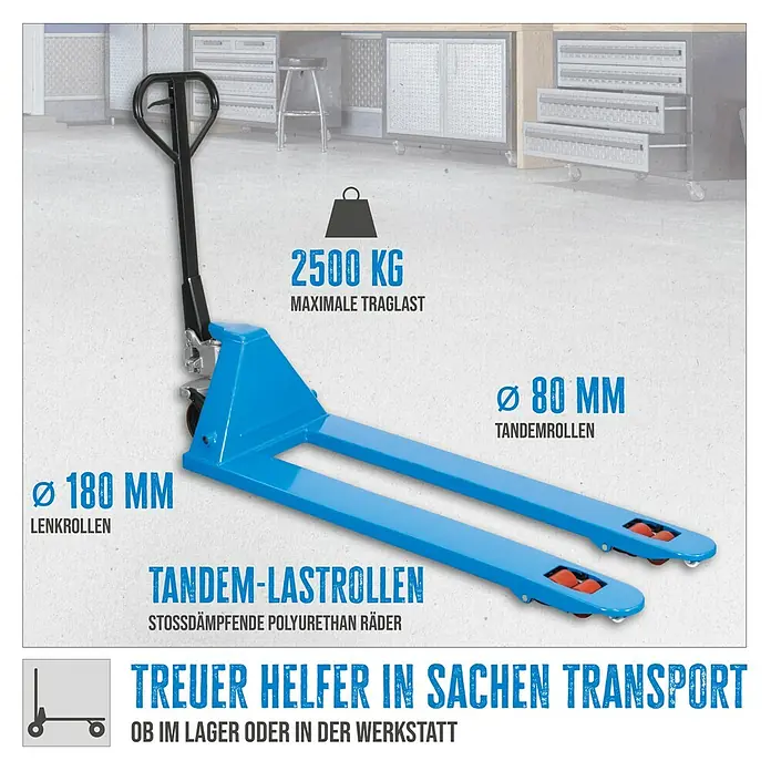 Güde Palettenhubwagen GHW2500-180 - Traglast: 2.500 kg, Stahl - Produktbild eines blauen Gabelhubwagens mit technischen Details wie Traglast und Rollengröße.
