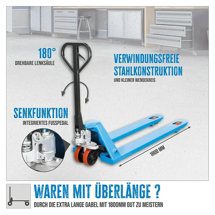 Güde Palettenhubwagen GHW2500-180 - Traglast: 2.500 kg, Stahl - Abbildung eines blauen Gabelhubwagens mit einer um 180° drehbaren Lenksäule, einer Senkfunktion und einer Stahlkonstruktion.