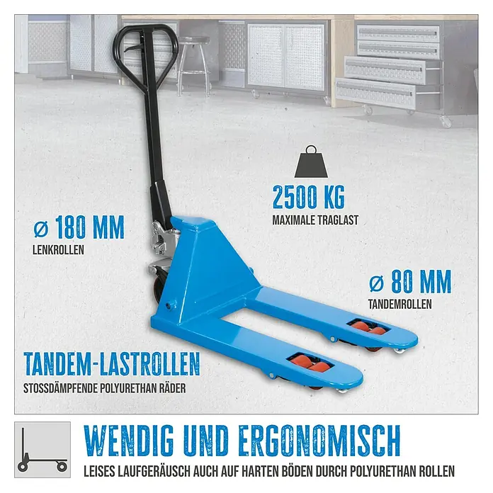 Güde Palettenhubwagen GHW2500-115 - Traglast: 2.500 kg, Stahl - Abbildung eines blauen Gabelhubwagens mit technischen Details wie Traglast, Rollengröße und Materialbeschaffenheit.