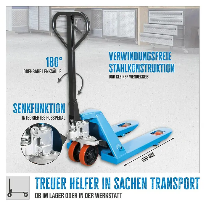 Güde Palettenhubwagen GHW2500-115 - Traglast: 2.500 kg, Stahl - Produktbild eines blauen Gabelhubwagens mit schwarzem Griff, der sich um 180° drehen lässt. Der Gabelhubwagen hat orangefarbene Räder.