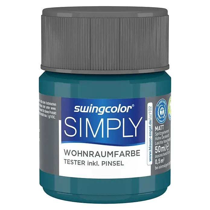 swingcolor Farbtester SIMPLY Wohnraumfarbe - Blau - Nr. 18, Matt, 50 ml - Dose Swingcolor Simply Wohnraumfarbe Tester inklusive Pinsel in einem Blauton, ideal für kleine Farbprojekte und Ausbesserungen.