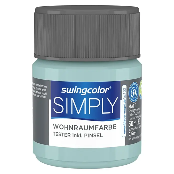 swingcolor Farbtester SIMPLY Wohnraumfarbe - Blau - Nr. 20, Matt, 50 ml - Farbdose Swingcolor Simply Wohnraumfarbe, Tester inklusive Pinsel. Die matte Farbe in der 50ml Dose ist ideal für kleine Projekte.