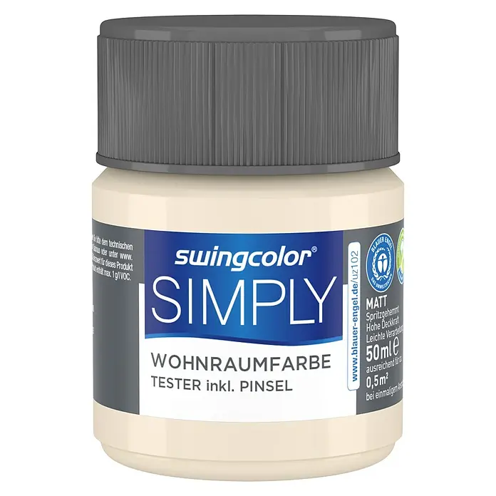 swingcolor Farbtester SIMPLY Wohnraumfarbe - Gelb - Nr. 28, Matt, 50 ml - Dose Swingcolor Simply Wohnraumfarbe Tester mit Pinsel. Matt, spritzgehemmt, hohe Deckkraft, leichte Verarbeitung. Inhalt: 50 ml, ausreichend für 0,5 m².