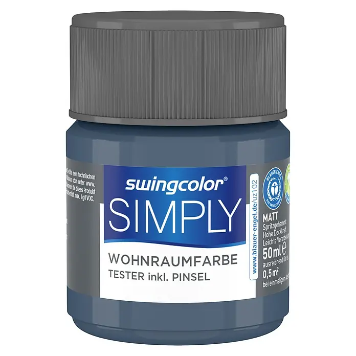 swingcolor Farbtester SIMPLY Wohnraumfarbe - Blau - Nr. 17, Matt, 50 ml - Dose Swingcolor Simply Wohnraumfarbe, eine matte Innenfarbe für Wände, ideal für kleine Projekte und Farbtests. Inklusive Pinsel.