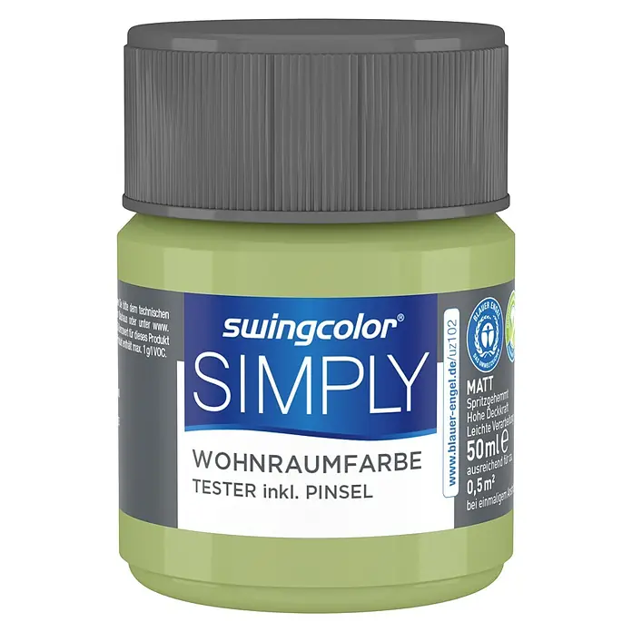 swingcolor Farbtester SIMPLY WohnraumfarbeGrün - Nr. 22, Matt, 50 ml - Ein Tiegel Swingcolor Simply Wohnraumfarbe Tester in einer hellen, natürlichen Farbnuance, ideal für kleine Farbprojekte und zur Farbabstimmung.
