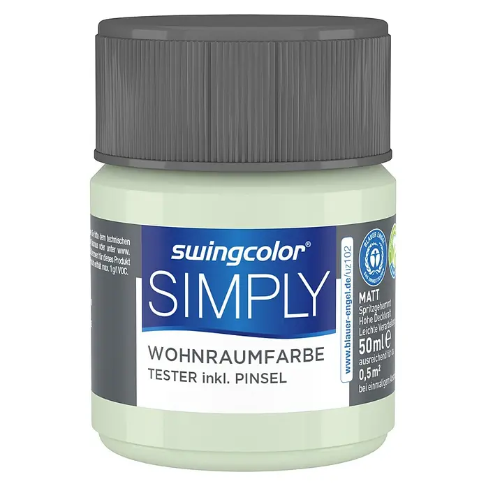 swingcolor Farbtester SIMPLY Wohnraumfarbe - Grün - Nr. 24, Matt, 50 ml - Farbdose Swingcolor Simply Wohnraumfarbe, Tester inklusive Pinsel, matt, 50ml, ideal für kleine Projekte und Farbtests im Innenbereich.
