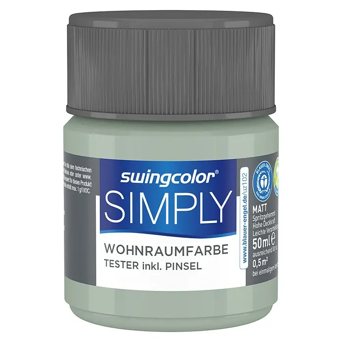 swingcolor Farbtester SIMPLY Wohnraumfarbe - Grün - Nr. 23, Matt, 50 ml - Abbildung einer Dose Swingcolor Simply Wohnraumfarbe Tester, ideal zum Ausprobieren von Wandfarben, mit grauem Deckel.