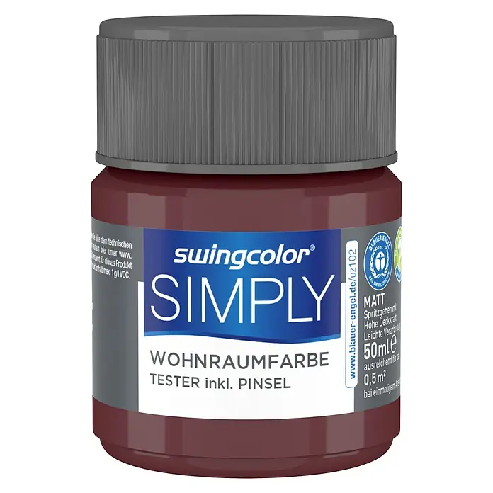 swingcolor Farbtester SIMPLY Wohnraumfarbe - Rot - Nr. 13, Matt, 50 ml - Farbtopf Swingcolor Simply Wohnraumfarbe, Tester inklusive Pinsel. Perfekt für kleine Projekte und zum Ausprobieren von Farben.