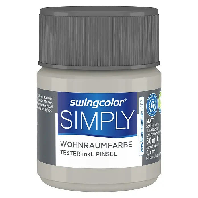 swingcolor Farbtester SIMPLY Wohnraumfarbe - Greige - Nr. 06, Matt, 50 ml - Ein Tiegel Swingcolor Simply Wohnraumfarbe Tester inkl. Pinsel in einer neutralen Farbe mit grauem Deckel, ideal für Farbtests.