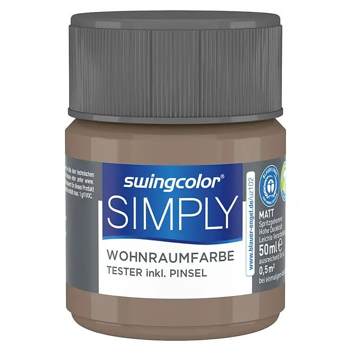 swingcolor Farbtester SIMPLY Wohnraumfarbe - Braun - Nr. 09, Matt, 50 ml - Dose Swingcolor Simply Wohnraumfarbe, ein Farbtester mit Pinsel. Ideal zum Ausprobieren von Wandfarben im Innenbereich.