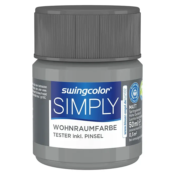 swingcolor Farbtester SIMPLY Wohnraumfarbe - Grau - Nr. 01, Matt, 50 ml - Graue Swingcolor Simply Wohnraumfarbe Tester Dose mit Pinsel, ideal zum Testen von Wandfarben im Innenbereich.