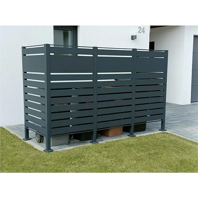 Metzler Mülltonnenverkleidung - 245 x 85 cm, Stahl, Anthrazit, Geeignet für Anzahl Mülltonnen: 3 Stk. - Mülltonnenbox aus grauem Metall mit horizontalen Lamellen zur stilvollen Verdeckung von Mülltonnen im Außenbereich.
