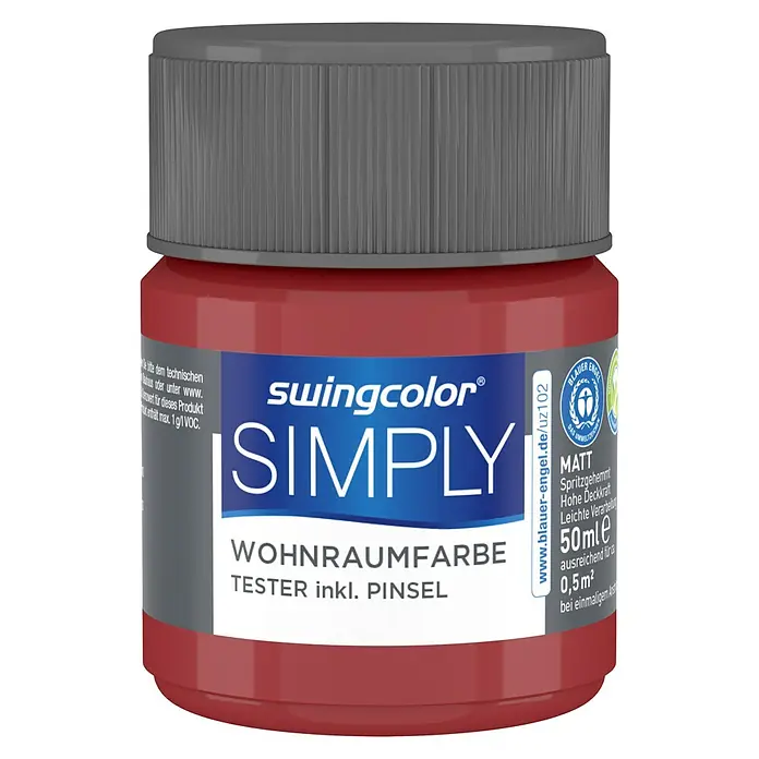 swingcolor Farbtester SIMPLY Wohnraumfarbe - Rot - Nr. 14, Matt, 50 ml - Ein roter Swingcolor Simply Wohnraumfarbe Tester mit 50ml Inhalt, inklusive Pinsel, für den Innenbereich.