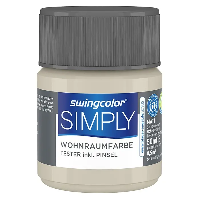 swingcolor Farbtester SIMPLY Wohnraumfarbe - Greige - Nr. 07, Matt, 50 ml - Farbdose Swingcolor Simply Wohnraumfarbe Tester inklusive Pinsel, grauer Deckel, beige Farbe, ideal für Innenräume, 50ml Inhalt.