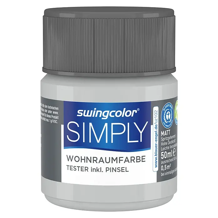 swingcolor Farbtester SIMPLY Wohnraumfarbe - Grau - Nr. 02, Matt, 50 ml - Ein Tiegel Swingcolor Simply Wohnraumfarbe Tester mit 50 ml Inhalt, ideal für kleine Projekte und Farbtests im Innenbereich.