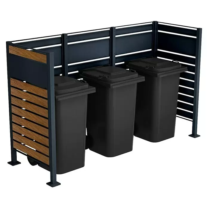 Metzler Mülltonnenverkleidung - 245 x 85 cm, Stahl, Braun/Anthrazit, Geeignet für Anzahl Mülltonnen: 3 Stk. - Mülltonnenbox mit dunkelgrauem Metallrahmen, Holzlamellen-Seitenwänden und drei schwarzen Rollmülltonnen.
