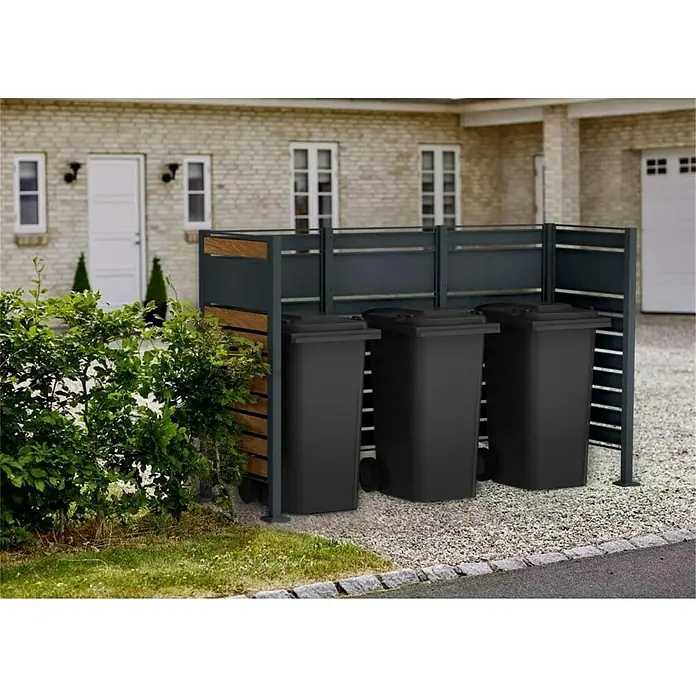 Metzler Mülltonnenverkleidung - 245 x 85 cm, Stahl, Braun/Anthrazit, Geeignet für Anzahl Mülltonnen: 3 Stk. - Abfalltonnenbox aus Holz und Metall für drei Tonnen. Diese Box schützt Ihre Mülltonnen vor Wind, Wetter und neugierigen Blicken.