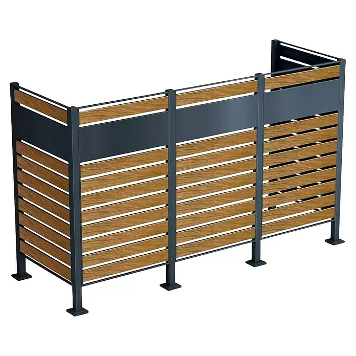 Metzler Mülltonnenverkleidung - 245 x 85 cm, Stahl, Braun/Anthrazit, Geeignet für Anzahl Mülltonnen: 3 Stk. - Zweiteiliger Sichtschutz mit dunkelgrauem Metallrahmen und horizontalen hellen Holzlatten, mit einem dunkelgrauen horizontalen Band im oberen Bereich.