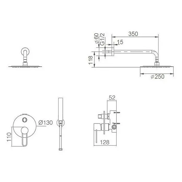 Imex Milos Sistema de ducha empotrado - Con grifo monomando, Cromo - Dibujo técnico de una grifería de ducha con rociador superior y dimensiones.
