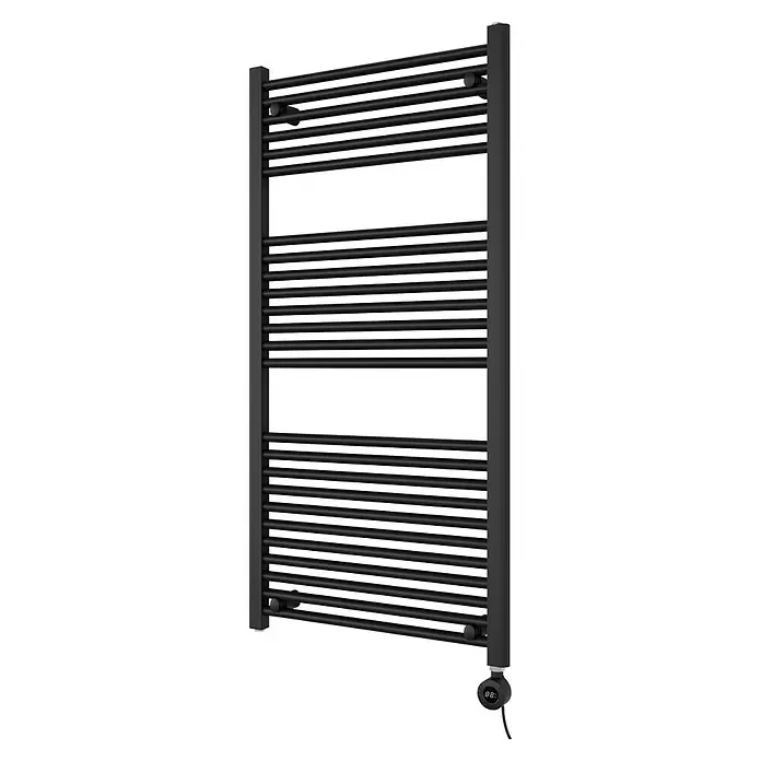 Elektro-Badheizkörper Kitty - B x H: 600 x 1.200 mm, Nennleistung: 700 W, Schwarz - Schwarzer elektrischer Handtuchwärmer mit Querstreben und digitaler Thermostatanzeige.
