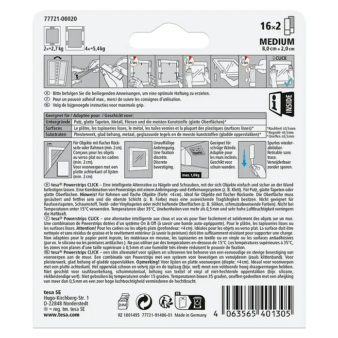 Tesa Selbstklebestrip POWERSTRIPS CLICK 16X2 M - 16 Stk., B x L: 20 x 80 mm - Tesa Powerstrips CLICK-Packung, mittelgroß, zur einfachen und sicheren Befestigung von Objekten an glatten Oberflächen ohne Nägel oder Schrauben.