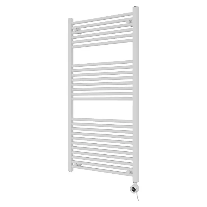 Elektro-Badheizkörper Kitty - B x H: 600 x 1.200 mm, Nennleistung: 700 W, Weiß - Weißer elektrischer Handtuchwärmer mit Querstreben und digitaler Thermostatanzeige.