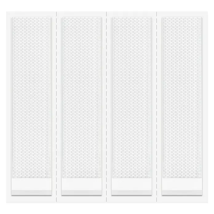Tesa Selbstklebestrip CLICK COMBO 6X2 M & 8X2 L - 14 Stk., B x L: 20 x 85 mm - Das Bild zeigt vier weiße Paneele mit einem subtilen Webmuster, die als stilvolle Fensterdekoration oder Raumteiler dienen könnten.