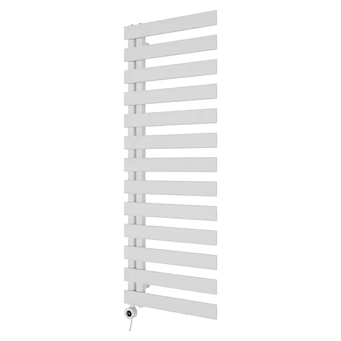 Elektro-Badheizkörper Lilly - B x H: 600 x 1.400 mm, Nennleistung: 700 W - Weißer Handtuchwärmer mit horizontalen Stangen und Digitalanzeige.