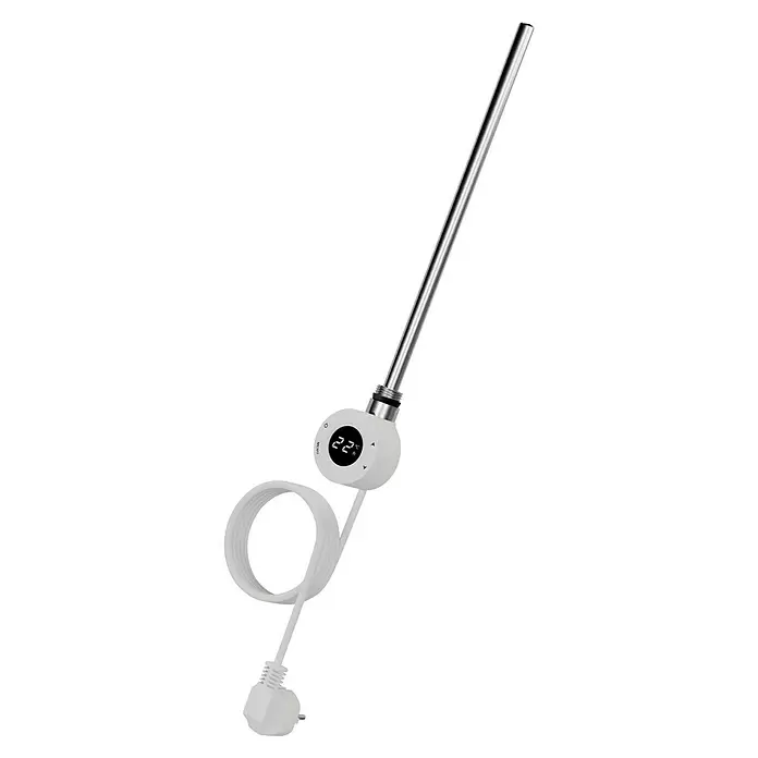 Ximax Elektro-Heizstab - 900 W, Weiß - Silbernes Heizelement mit weißer Digitalsteuerung (22°C), weißem Spiralkabel und Stecker.