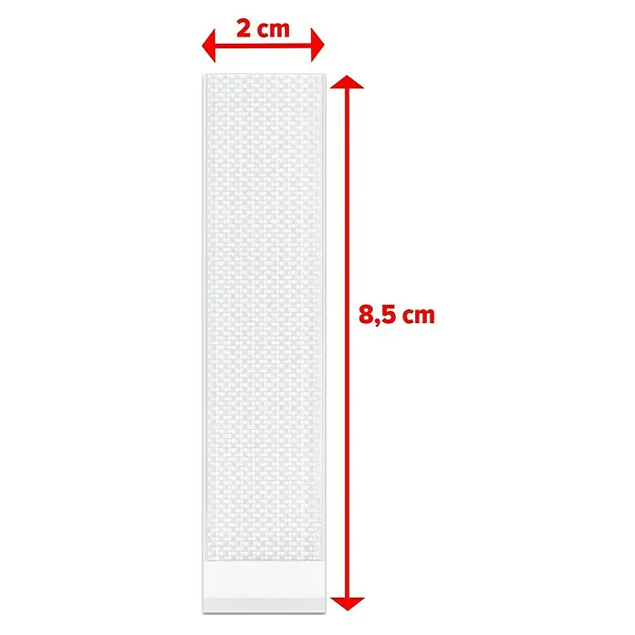 Tesa Selbstklebestrip POWERSTRIPS CLICK 16X2 L - 16 Stk., B x L: 20 x 85 mm - Abbildung einer 2 cm breiten und 8,5 cm langen rechteckigen weißen Klebefolie mit feiner Textur, ideal für Büro- und Bastelarbeiten.