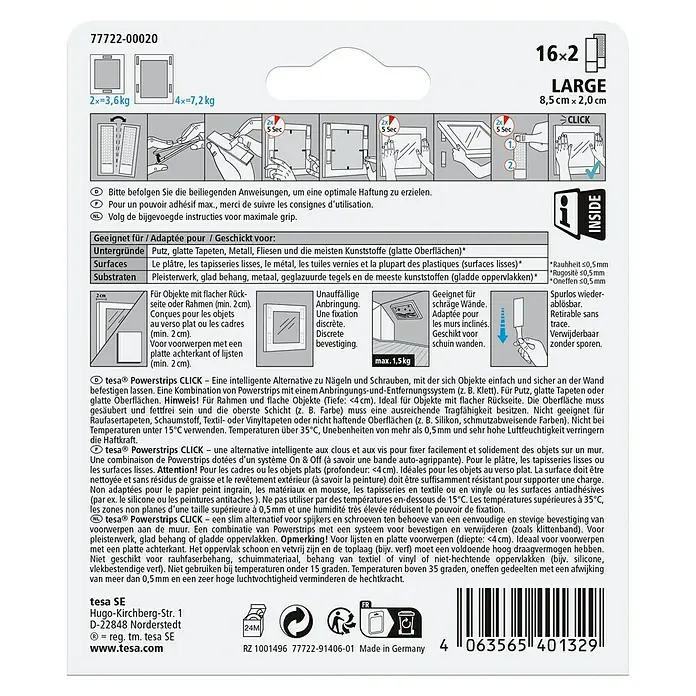 Tesa Selbstklebestrip POWERSTRIPS CLICK 16X2 L - 16 Stk., B x L: 20 x 85 mm - Tesa Powerstrips CLICK, eine intelligente Lösung zur einfachen und sicheren Befestigung von Objekten bis 7,2kg an der Wand.